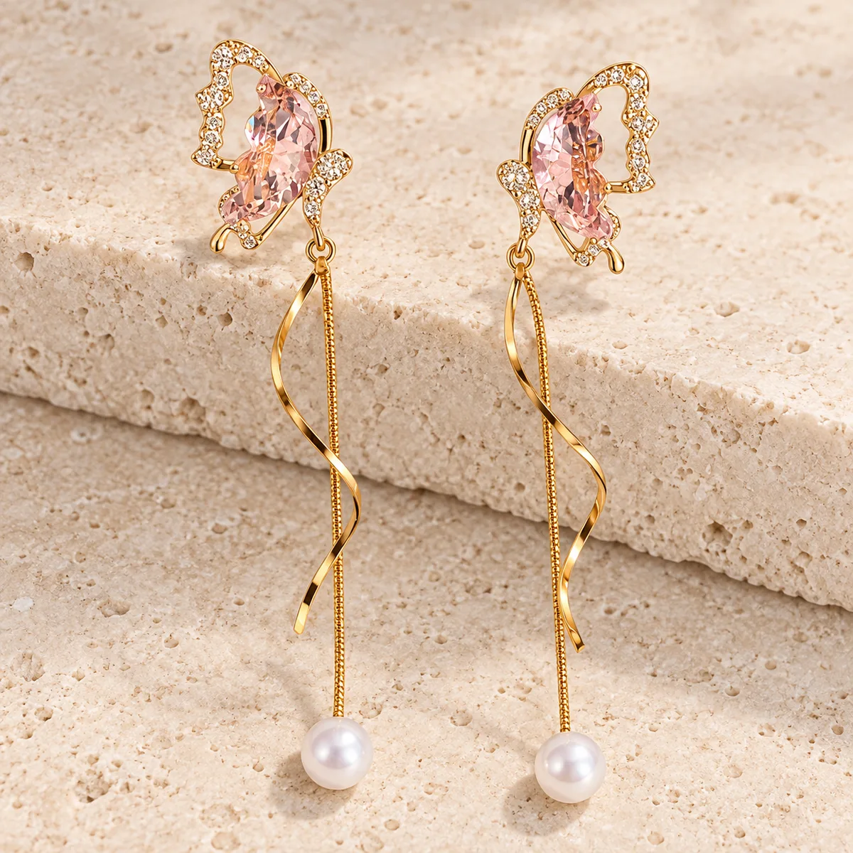 Pink Crystal Butterfly Ribbon Pearl Drop Earrings — view 2