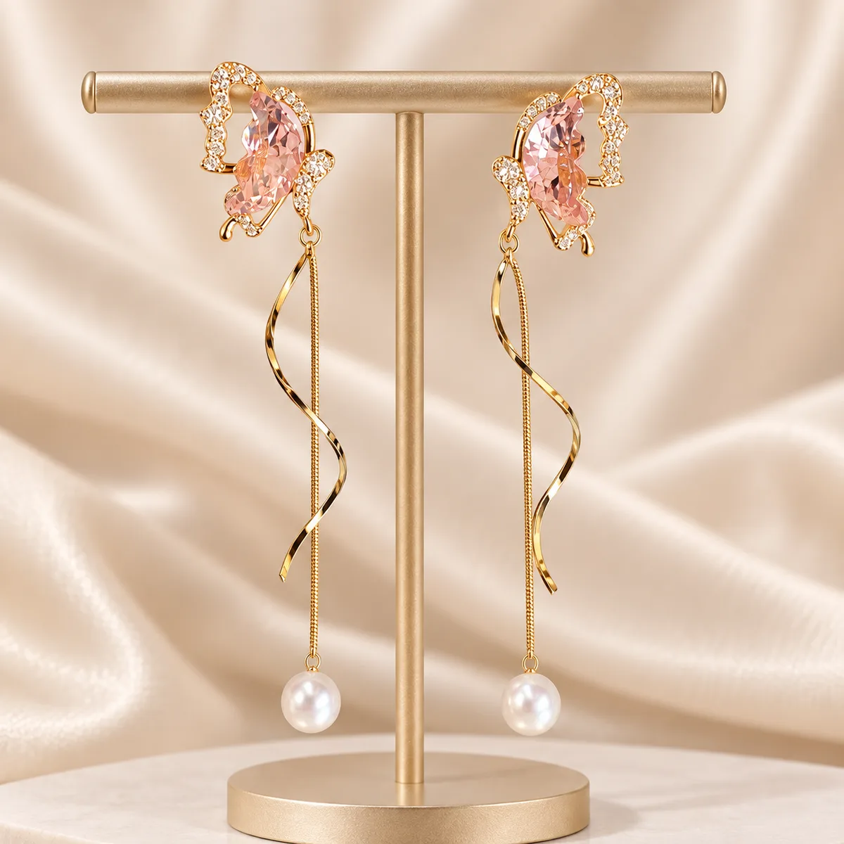 Pink Crystal Butterfly Ribbon Pearl Drop Earrings — view 3