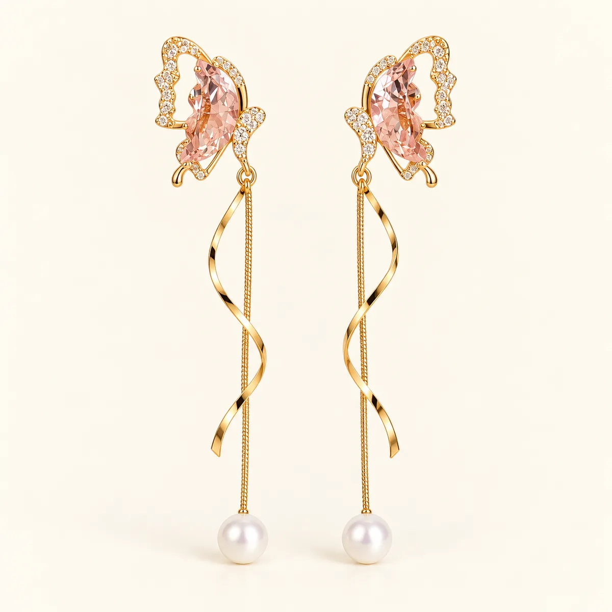 Pink Crystal Butterfly Ribbon Pearl Drop Earrings — view 1
