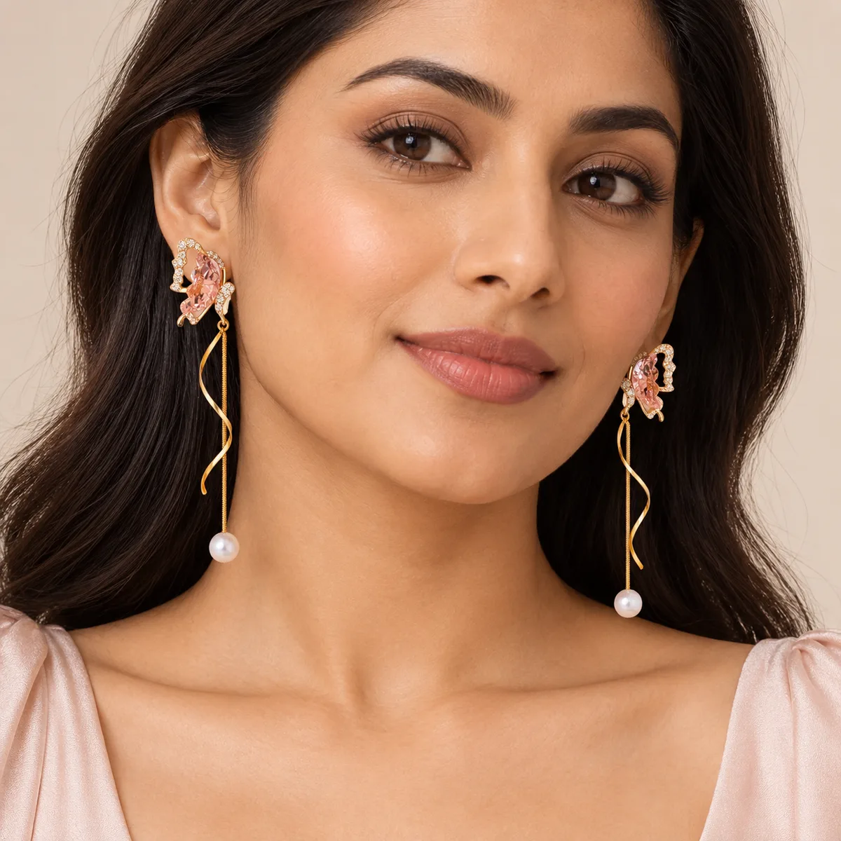 Pink Crystal Butterfly Ribbon Pearl Drop Earrings — view 4