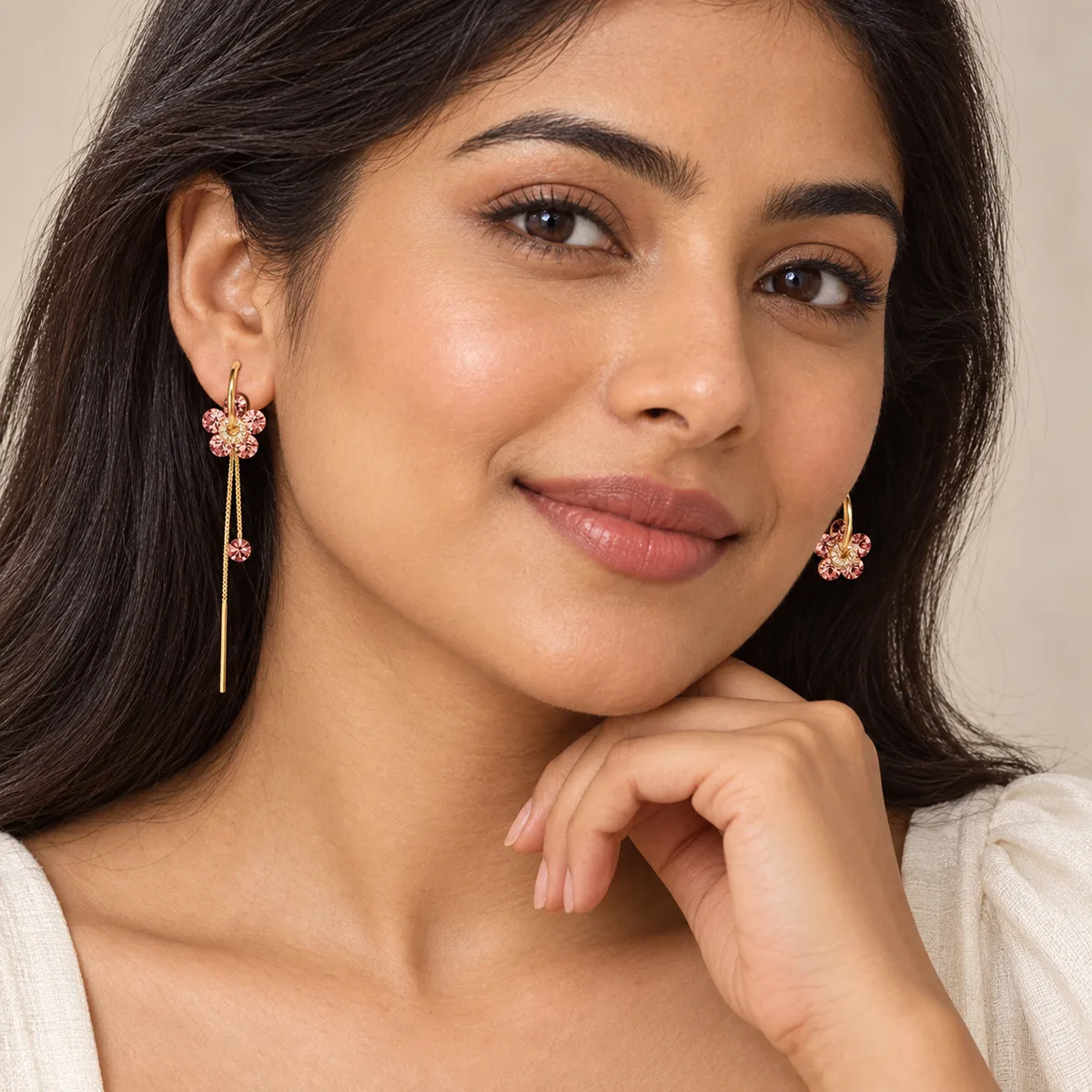 Pink Flower Convertible 2 in 1 Hoop Threader Earrings — view 4
