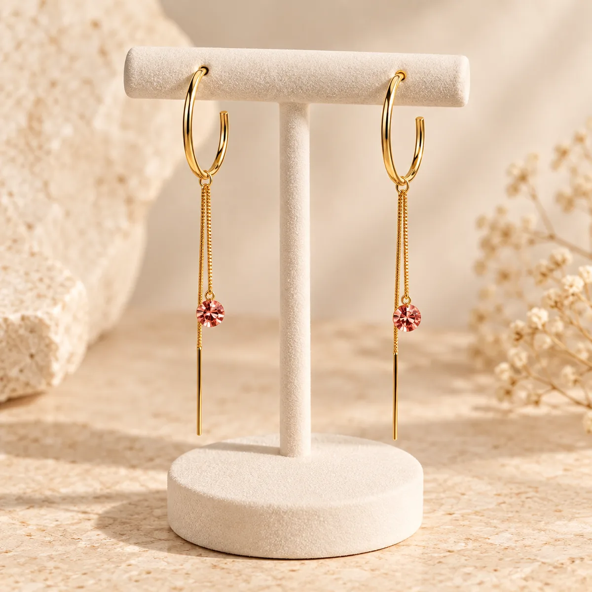 Pink Flower Convertible 2 in 1 Hoop Threader Earrings — view 3