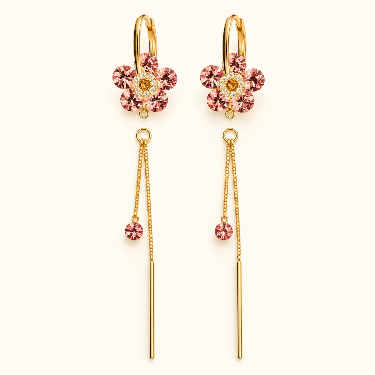 Pink Flower Convertible 2 in 1 Hoop Threader Earrings — view 1