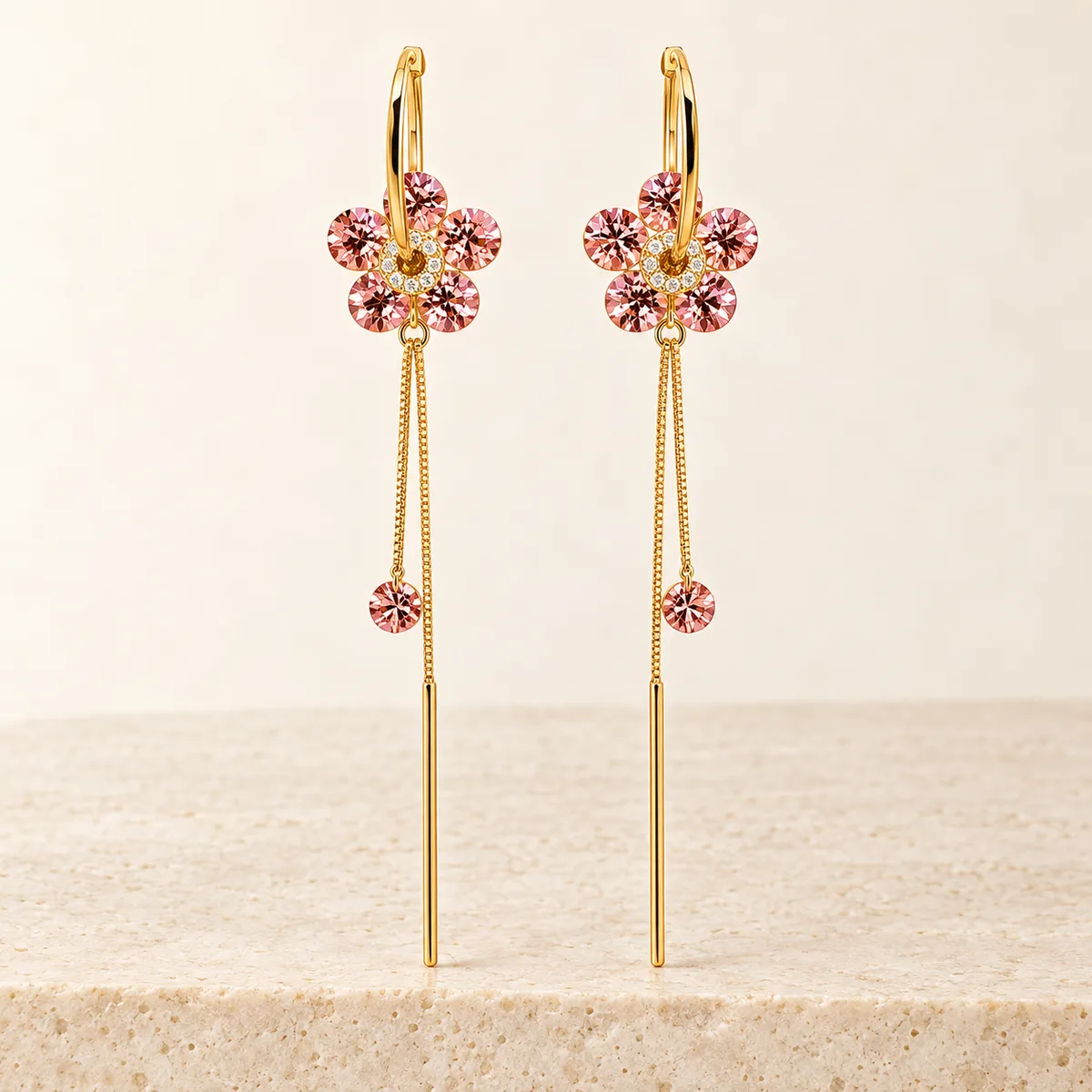Pink Flower Convertible 2 in 1 Hoop Threader Earrings — view 2