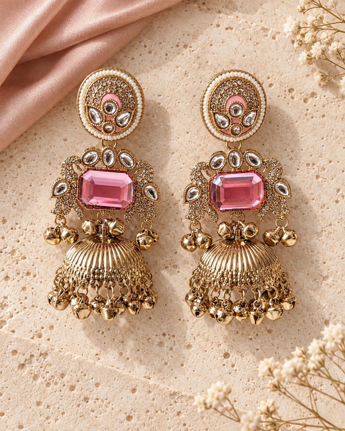 Pink Peacock Jhumka Earring Set — view 2