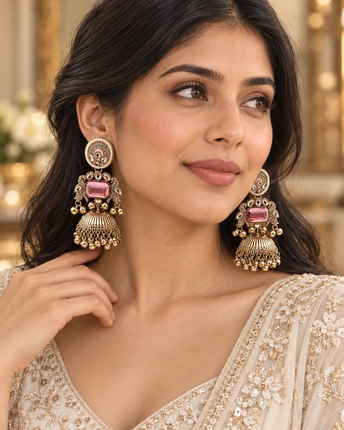 Pink Peacock Jhumka Earring Set — view 3