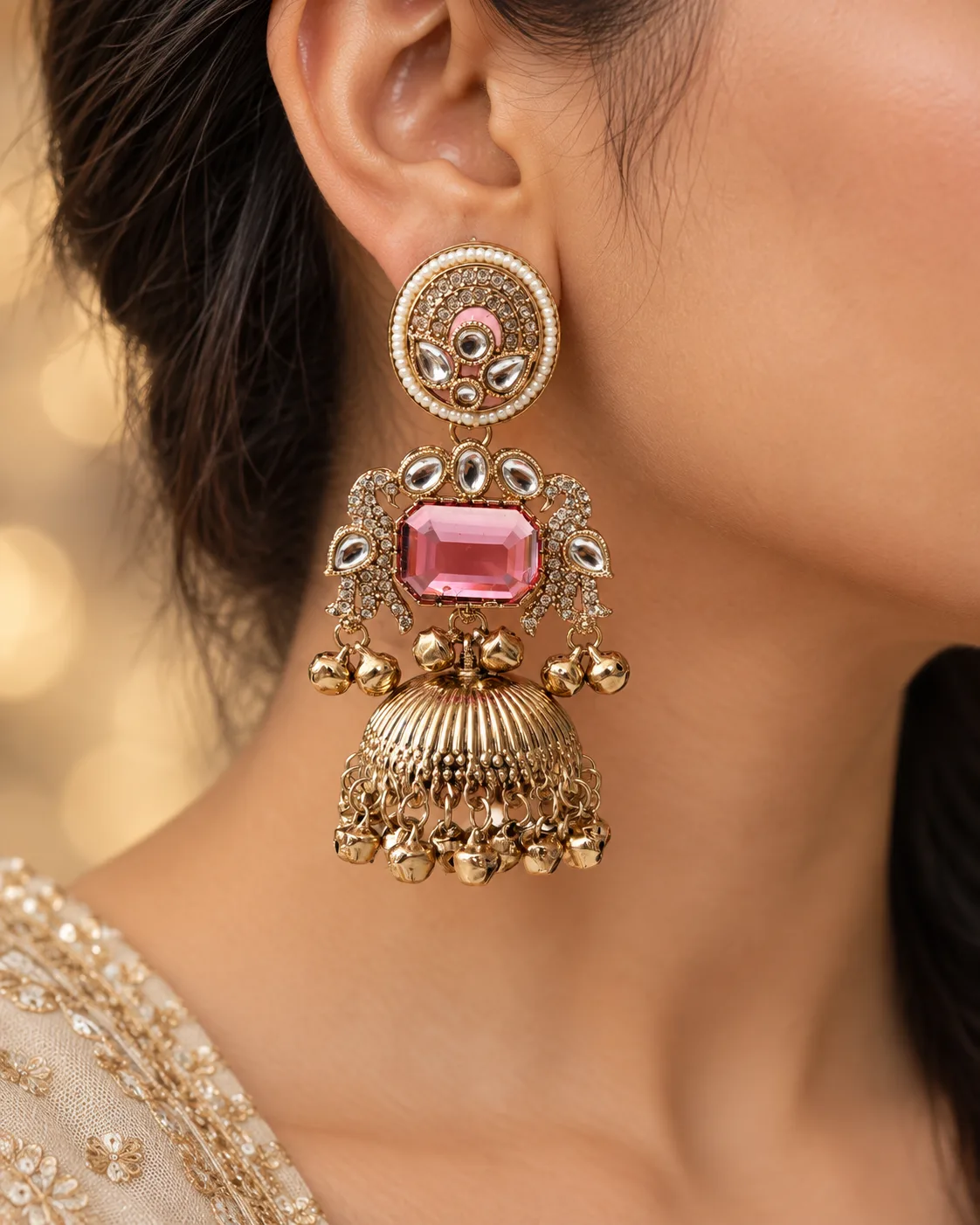 Pink Peacock Jhumka Earring Set — view 4