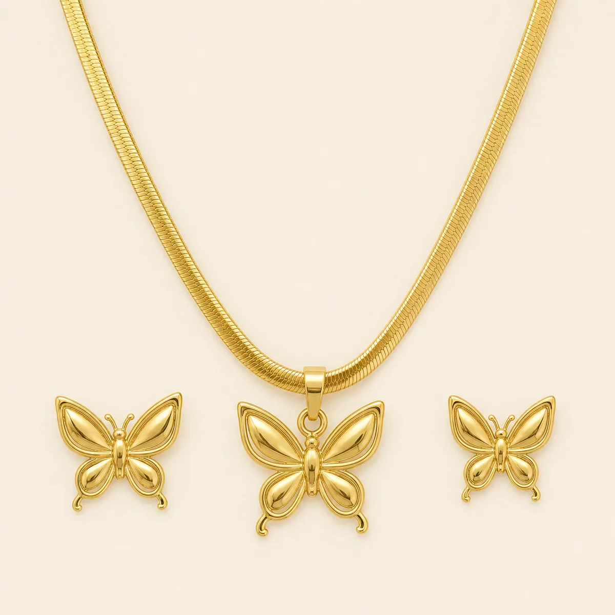 Polished Gold Butterfly Necklace Earrings — view 1