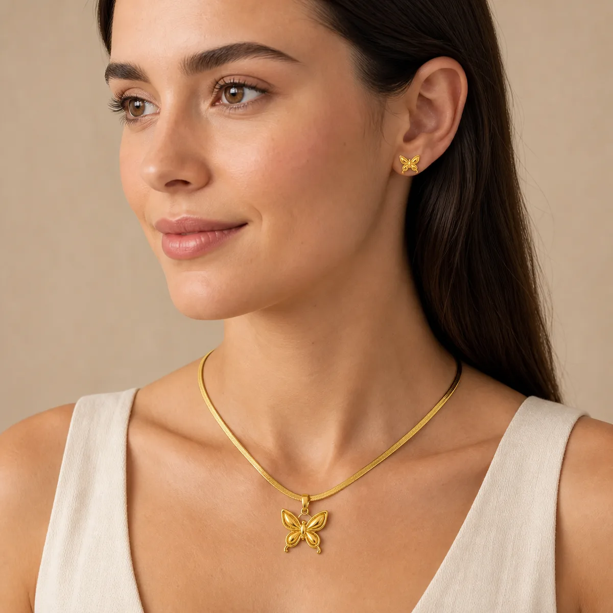 Polished Gold Butterfly Necklace Earrings — view 4