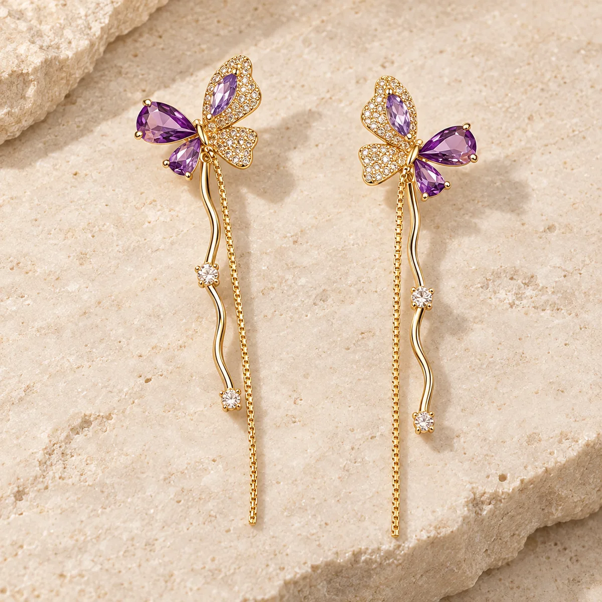 Purple Butterfly Gold Stem Chain Drop Earrings — view 2