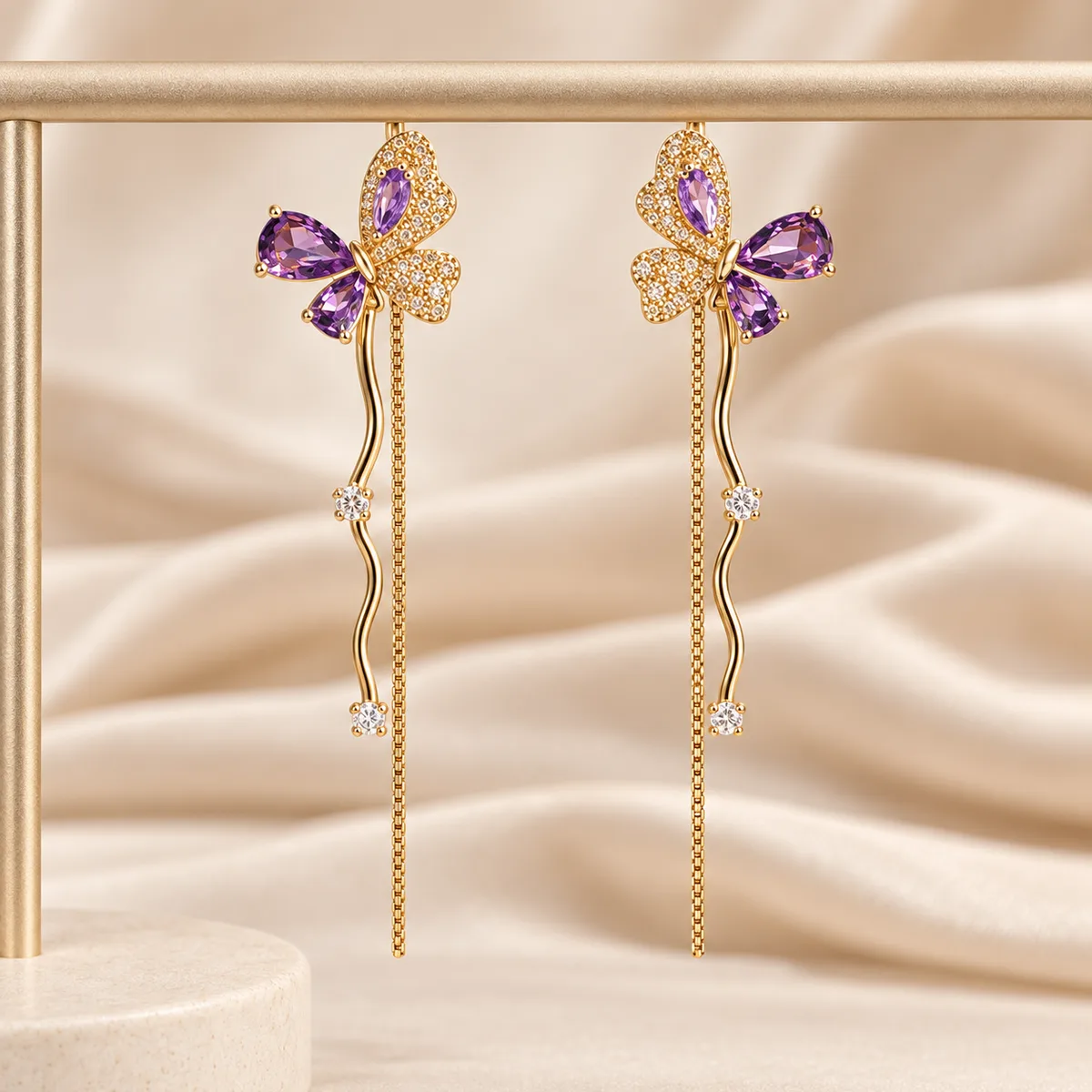 Purple Butterfly Gold Stem Chain Drop Earrings — view 3