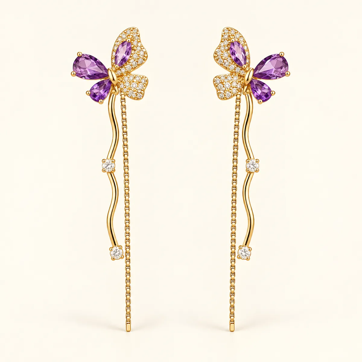 Purple Butterfly Gold Stem Chain Drop Earrings — view 1
