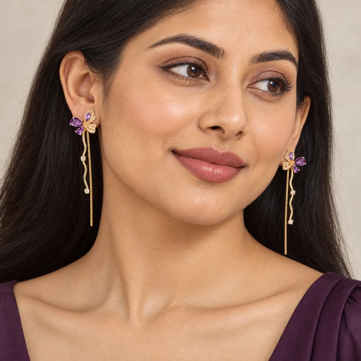 Purple Butterfly Gold Stem Chain Drop Earrings — view 4