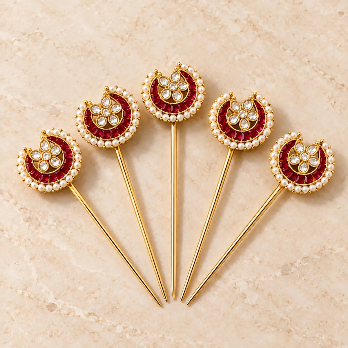 Ruby Kundan Crescent Five Piece Hair Pin Set — view 1