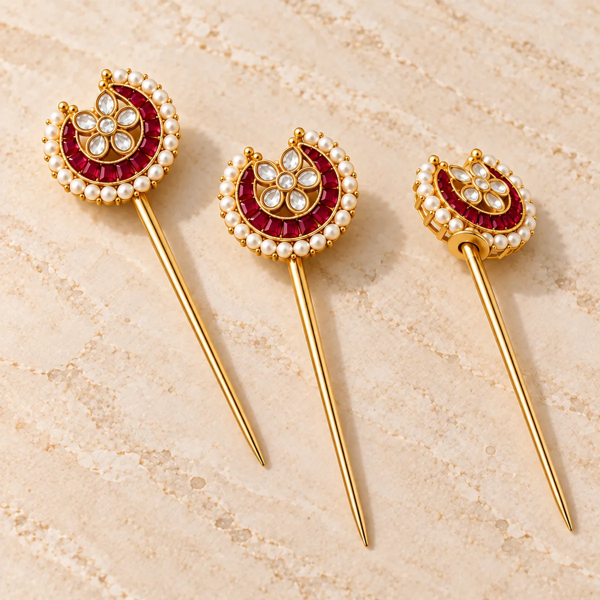Ruby Kundan Crescent Five Piece Hair Pin Set — view 3
