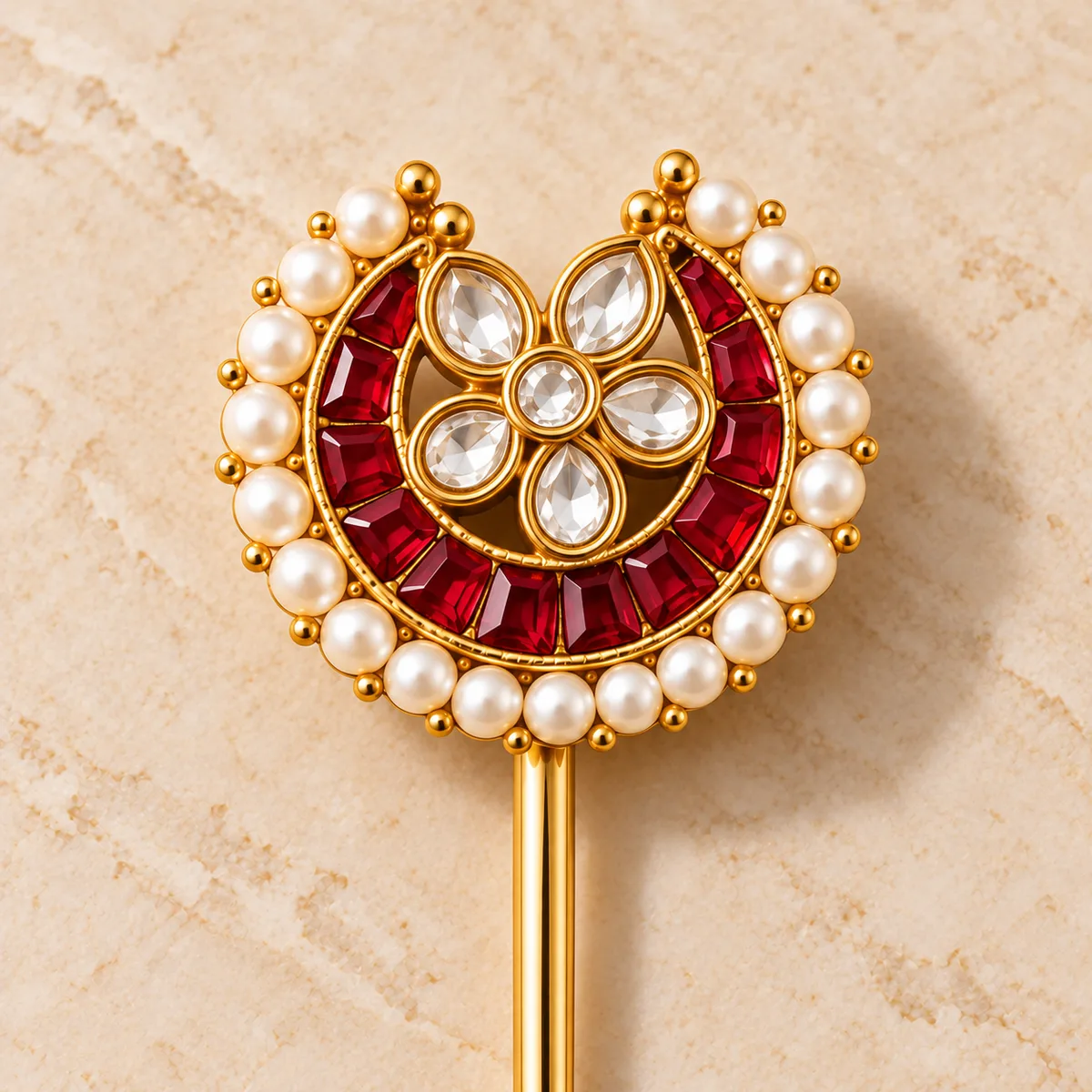 Ruby Kundan Crescent Five Piece Hair Pin Set — view 2
