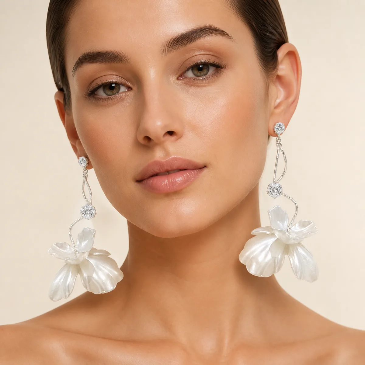 Silver Crystal Double Cup Flower Earrings — view 4
