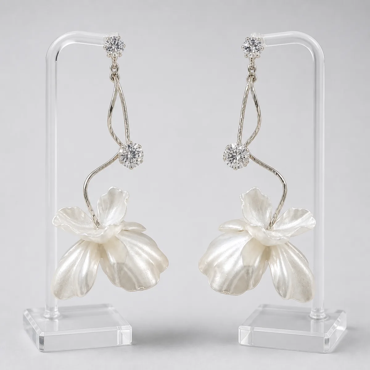 Silver Crystal Double Cup Flower Earrings — view 3