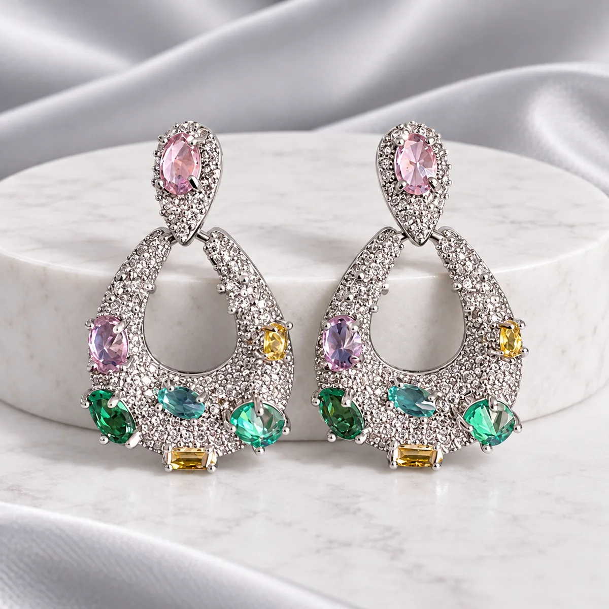 Silver Multicolor Pave Teardrop Earrings — view 3