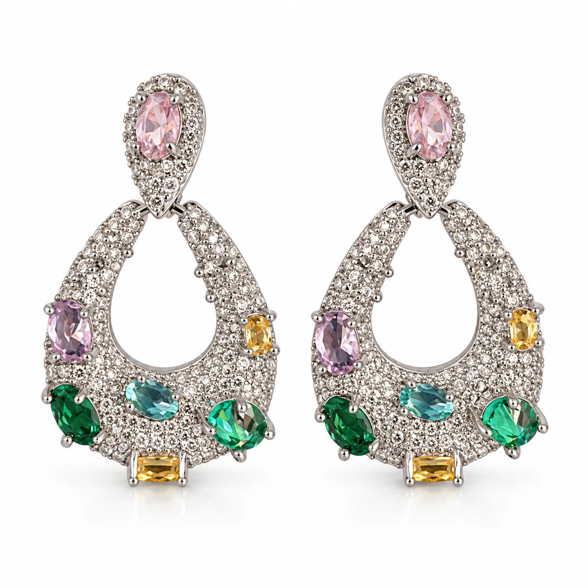 Silver Multicolor Pave Teardrop Earrings — view 1