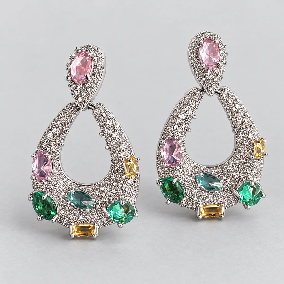 Silver Multicolor Pave Teardrop Earrings — view 2