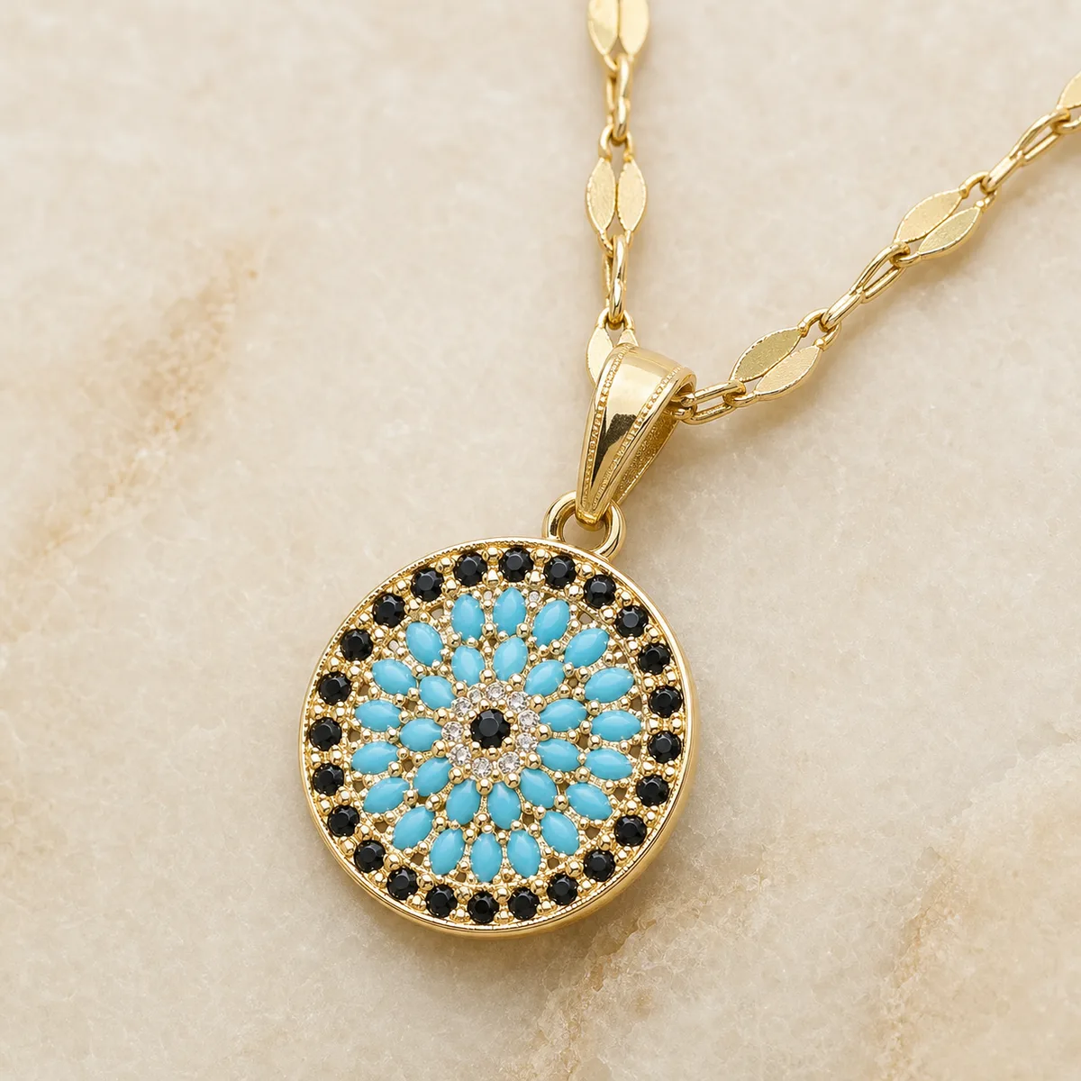 Turquoise Black Floral Medallion Leaf Chain Necklace — view 3